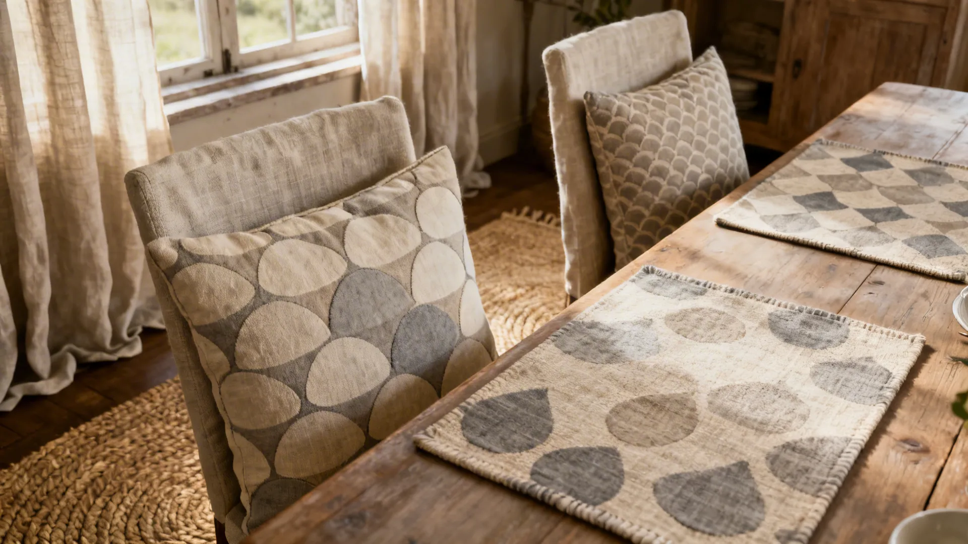 Layered natural-fiber rugs, linen curtains and muted patterned cushions in farmhouse dining room
