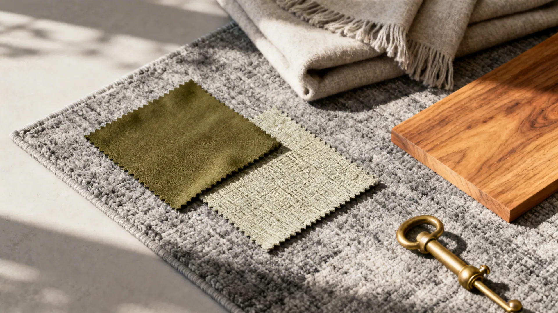 Flatlay of two olive textile swatches, a grey rug sample and wood and metal accents.