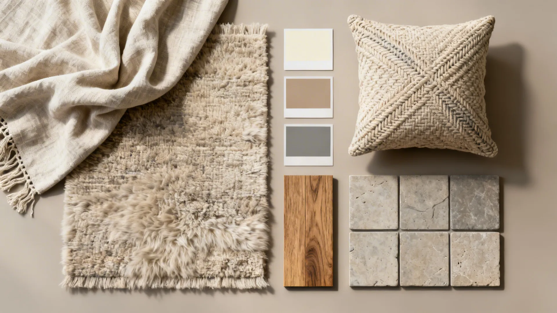 Flatlay of linen, wool, woven pillow, and neutral paint chips for a modern rustic palette.
