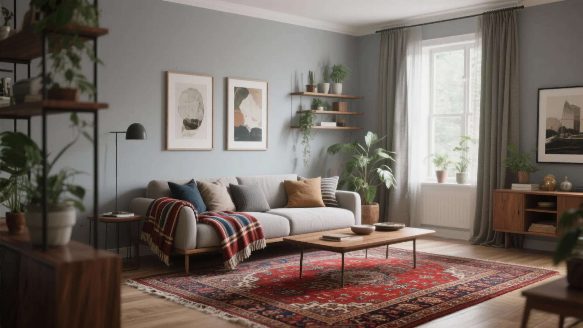 Cozy living room featuring grey sofa with colorful rug and wooden coffee table near windows