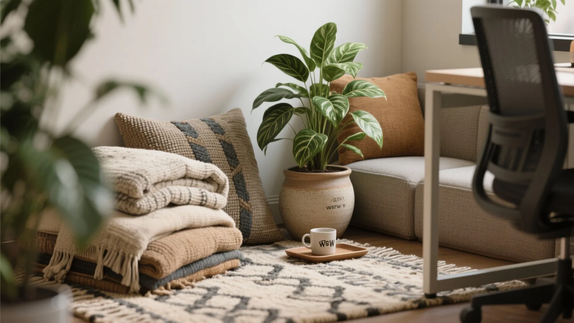 Cozy room corner with a green plant, pillows, folded blankets, coffee mug, and office chair