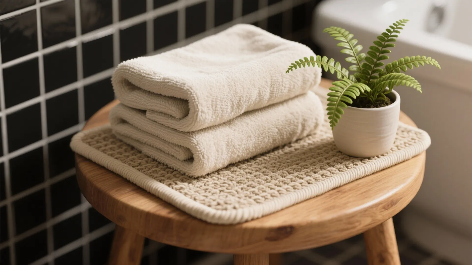Folded white towels on a small wooden stool with a green plant and black tiles