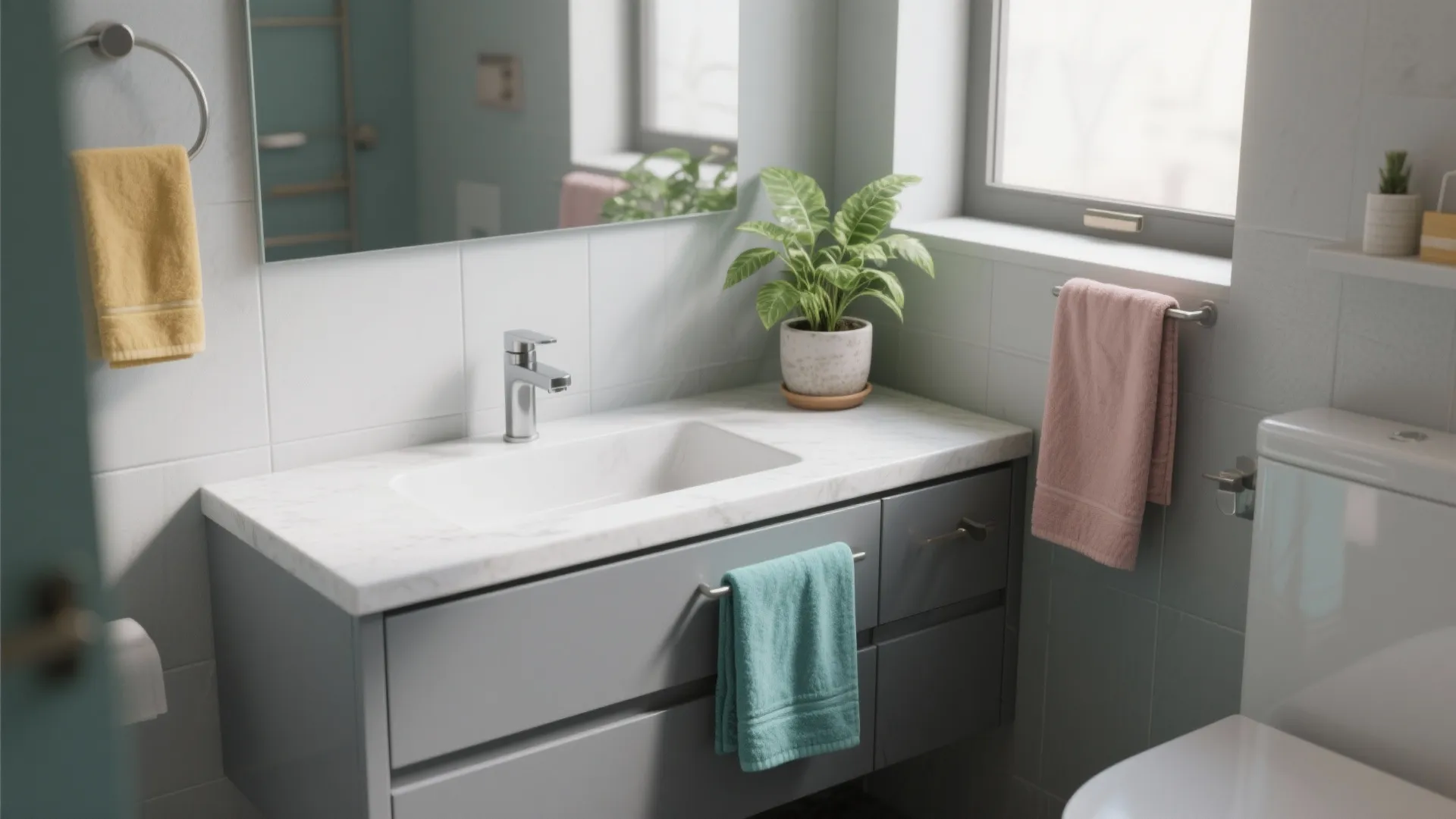 Modern bathroom with grey cabinet white sink green plant pink towel yellow towel and wall mirror