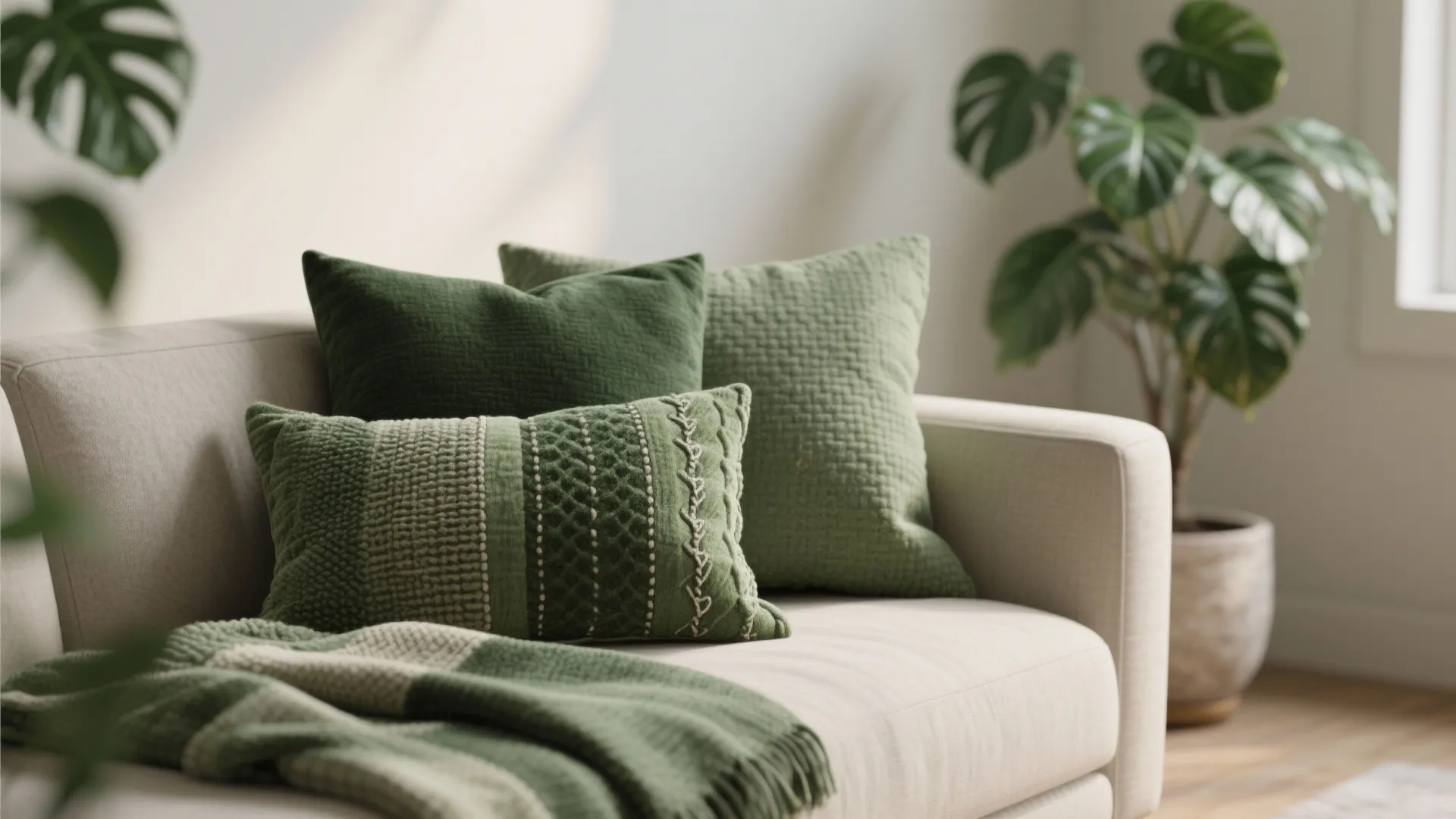 5. Layered Textiles: Throws, Cushions, and Plants