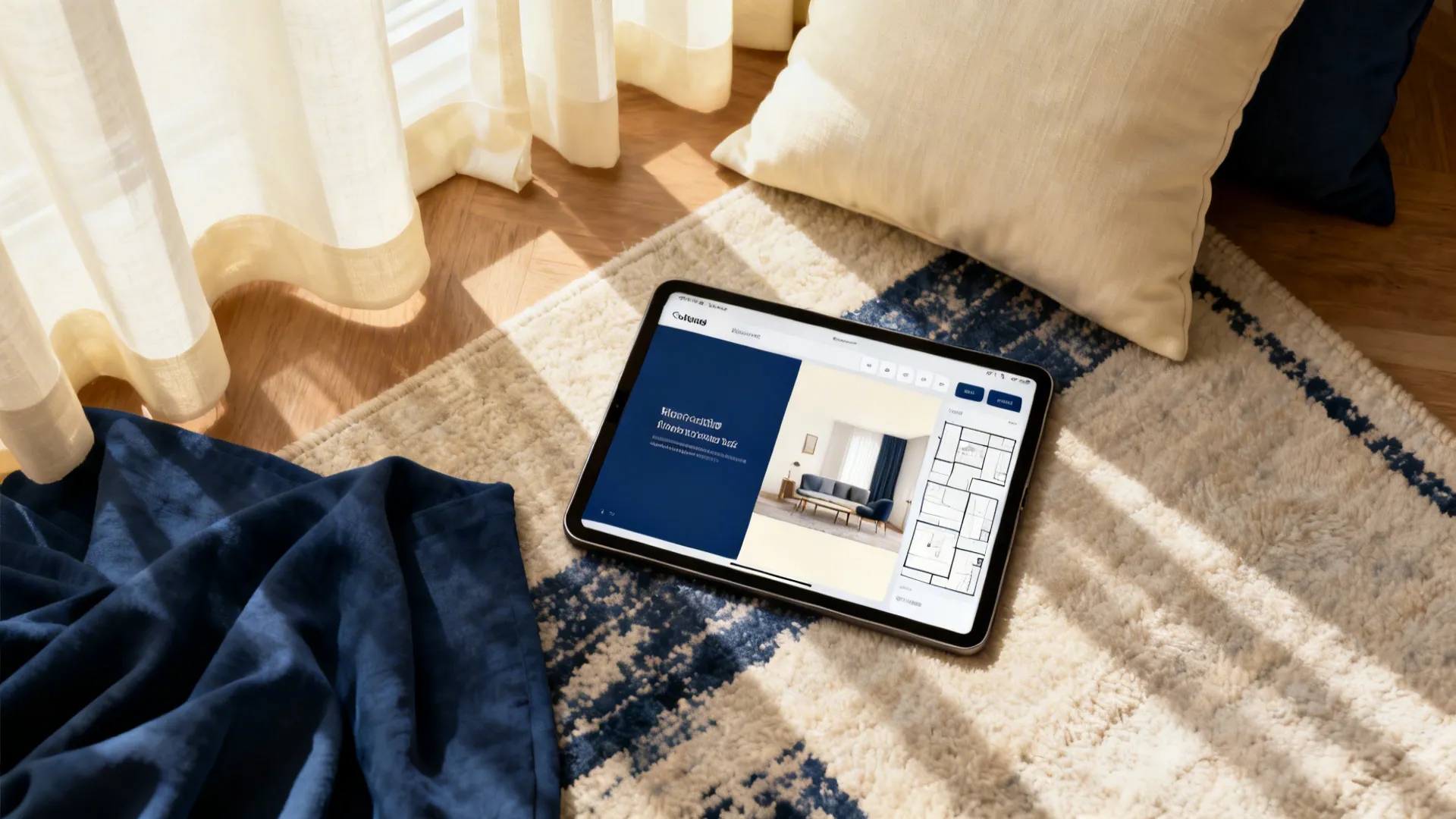 Top-down view of navy and cream textiles with a tablet showing a room planner mockup.