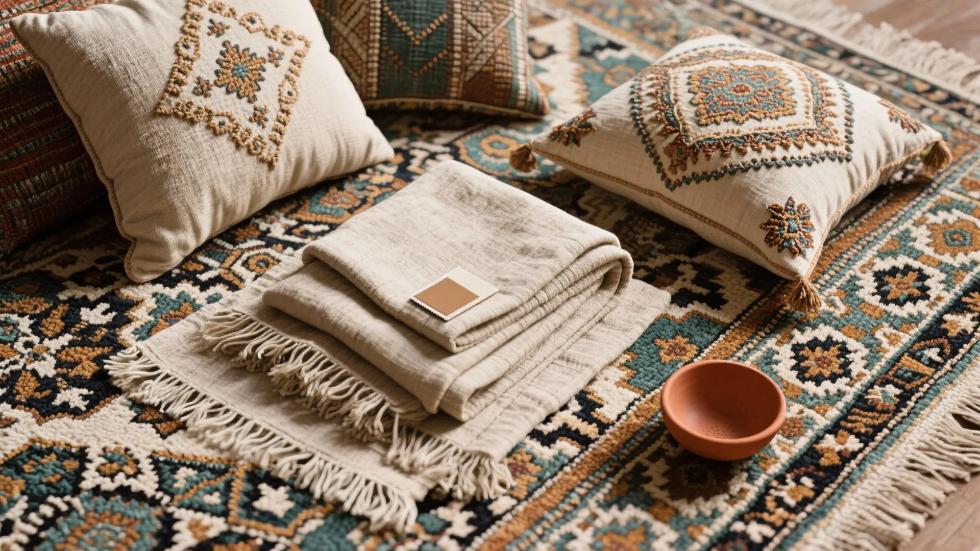 3. Layered Textiles and Patterned Rugs