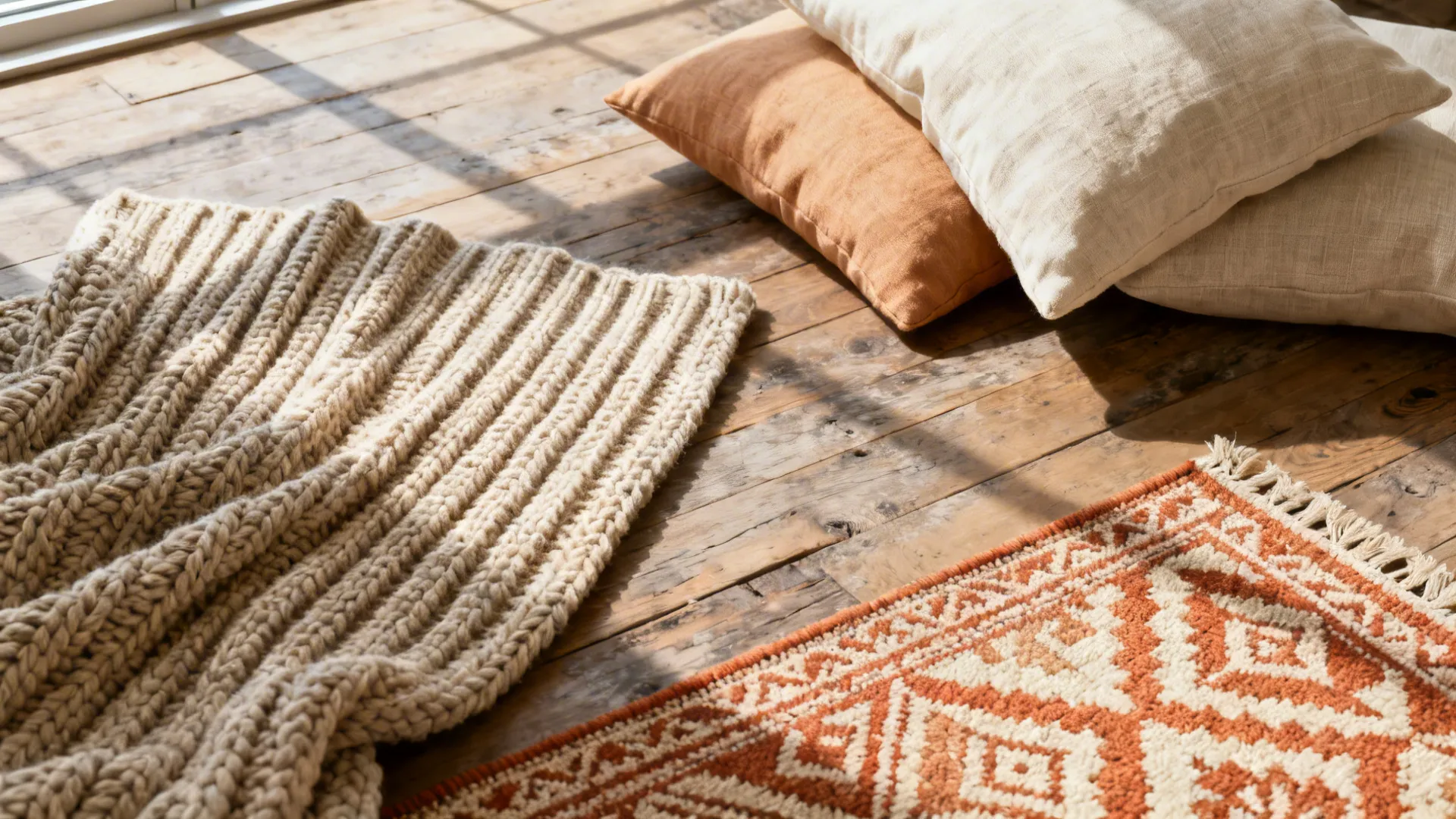 Flatlay of chunky knit throw, linen cushions and patterned rug swatches in warm neutrals.