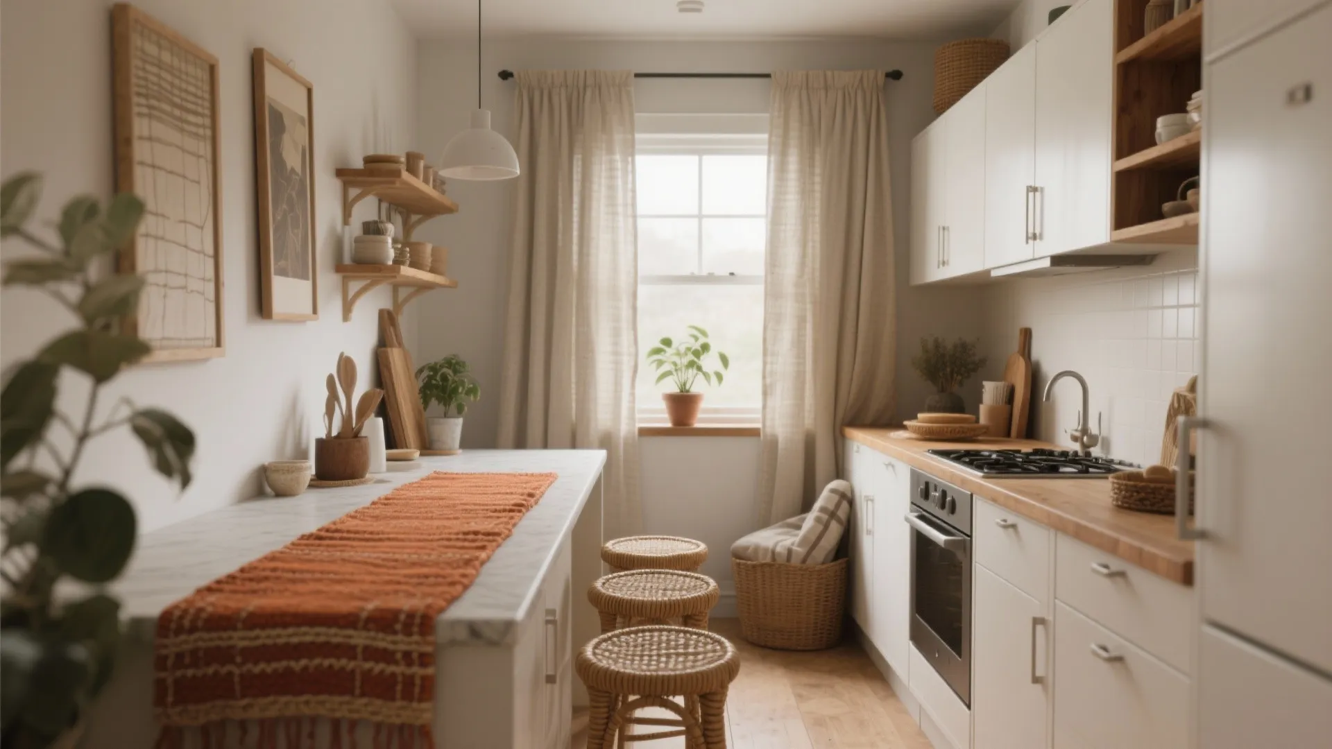 Small kitchen with white cabinets wood counters orange runner three woven stools and beige curtains