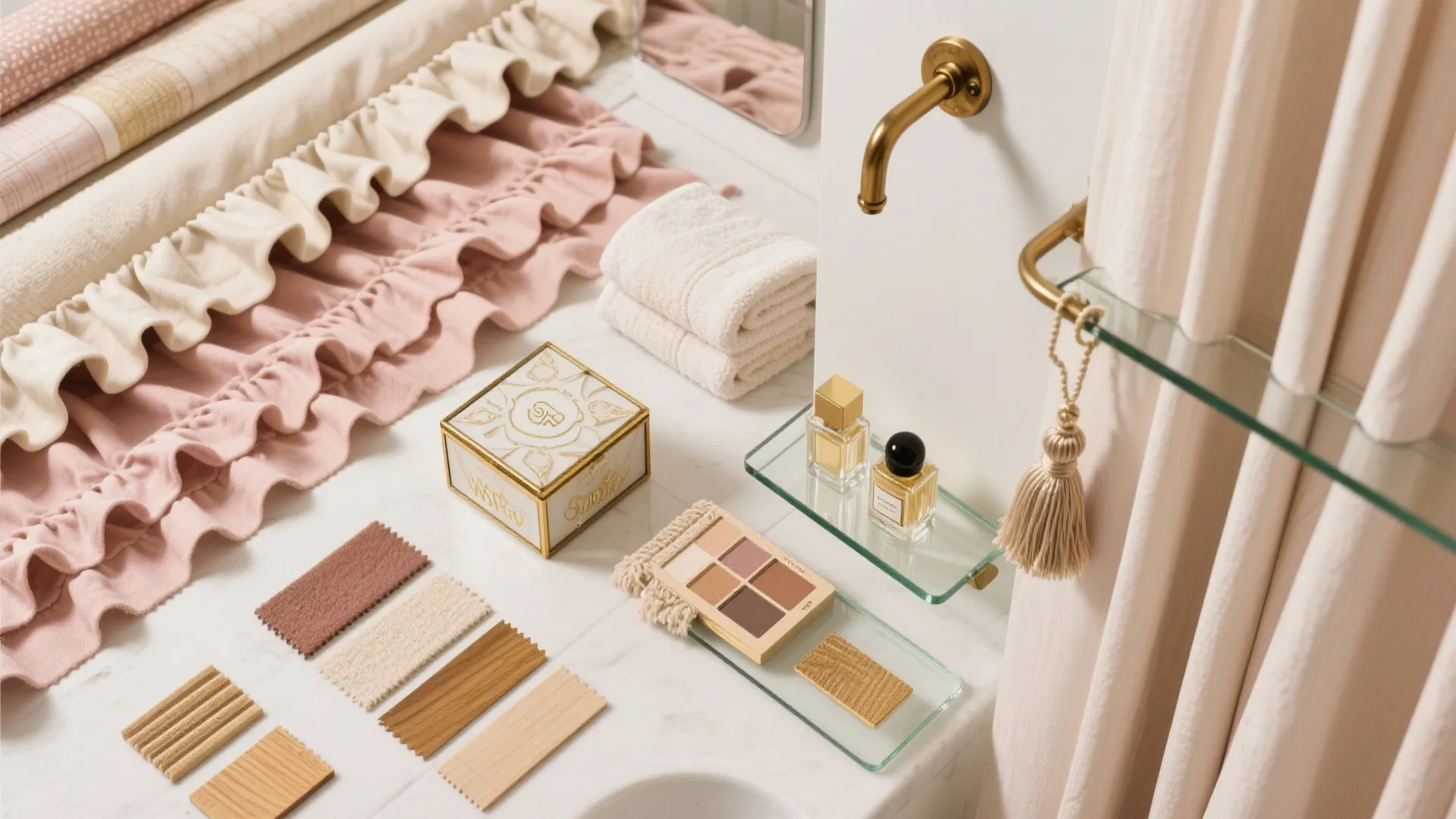 Interior material samples with pink ruffled fabric and makeup palette on a white marble surface