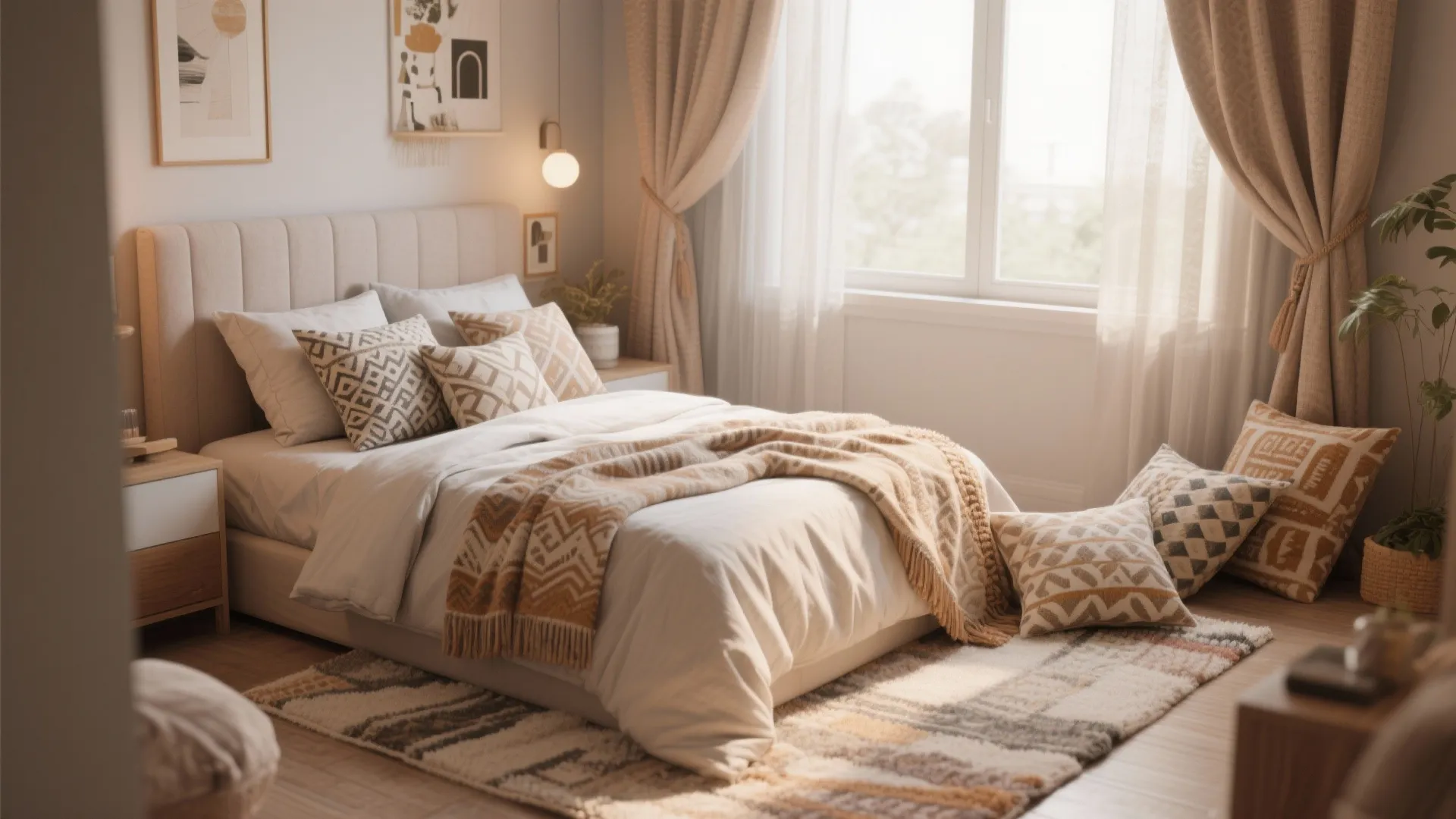 Cozy bedroom featuring patterned throw pillows textured beige blankets a soft rug and warm lighting