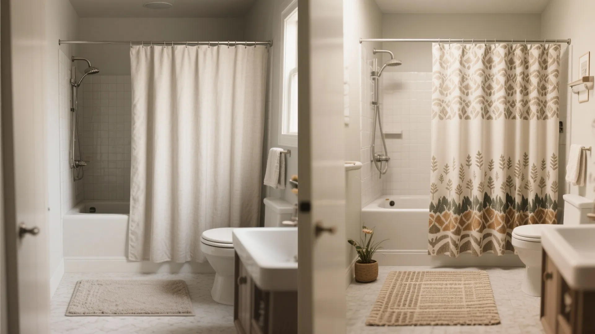 4. Textiles as art — layered mats and patterned shower curtains