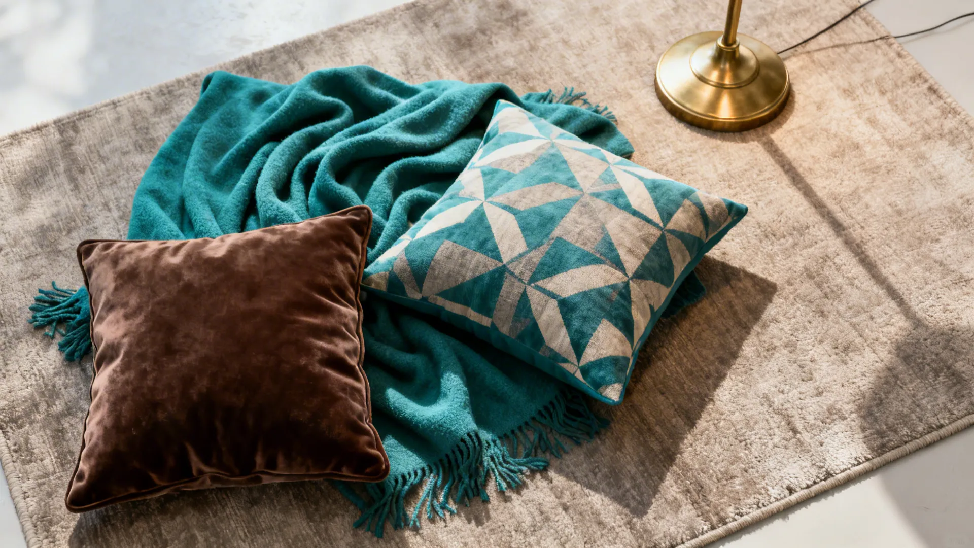 Teal and brown pillows placed on a soft blanket over a neutral colored textured rug