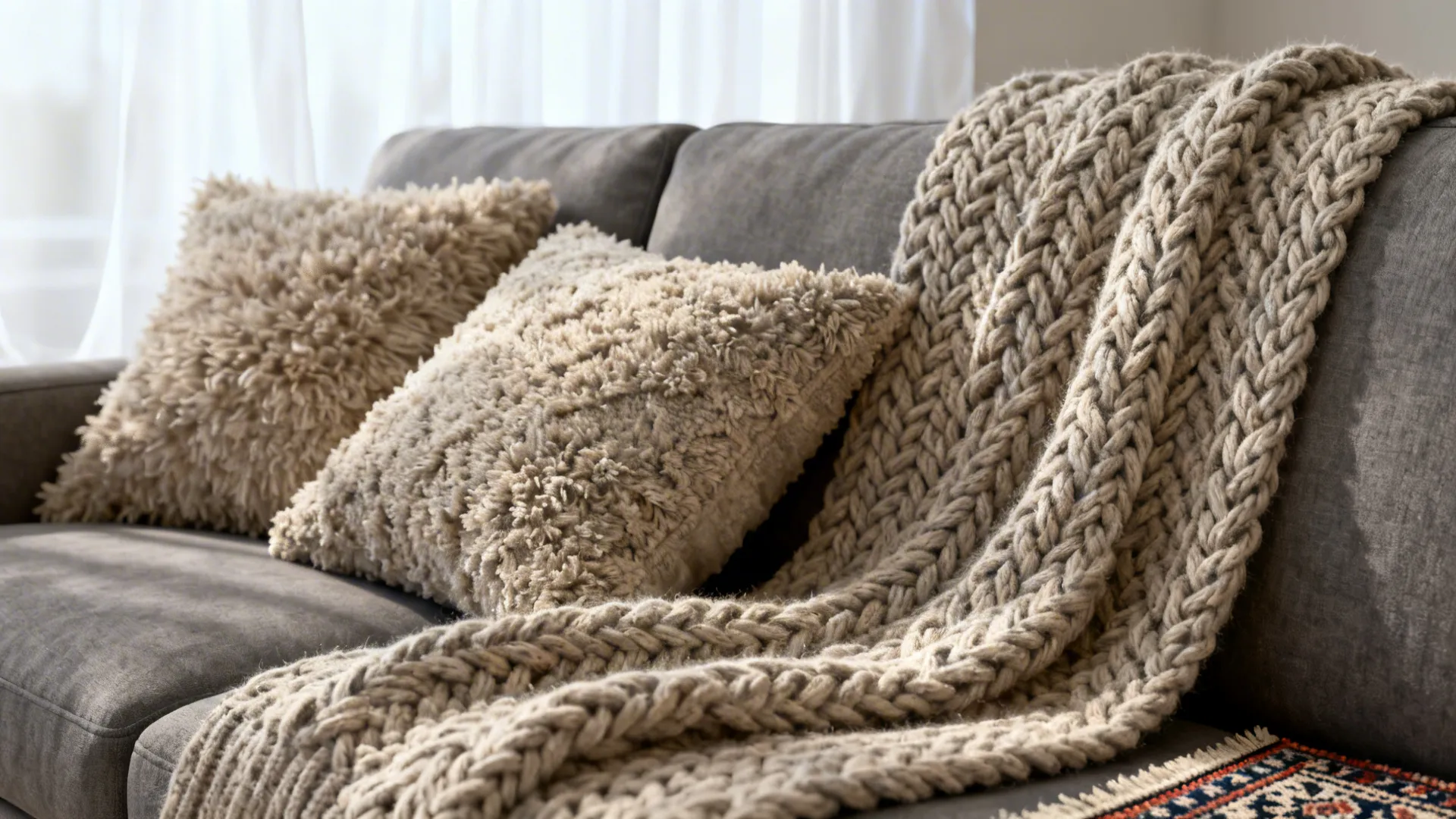 Dark grey sofa with two fuzzy beige pillows and a thick chunky knit wool blanket
