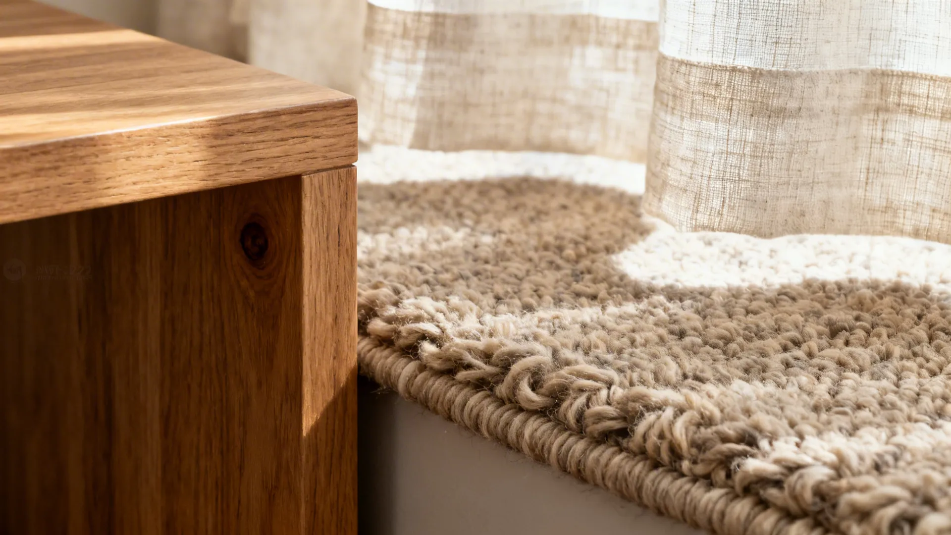 Macro shot of a wool rug, linen curtain, and oak console showcasing texture and warmth.