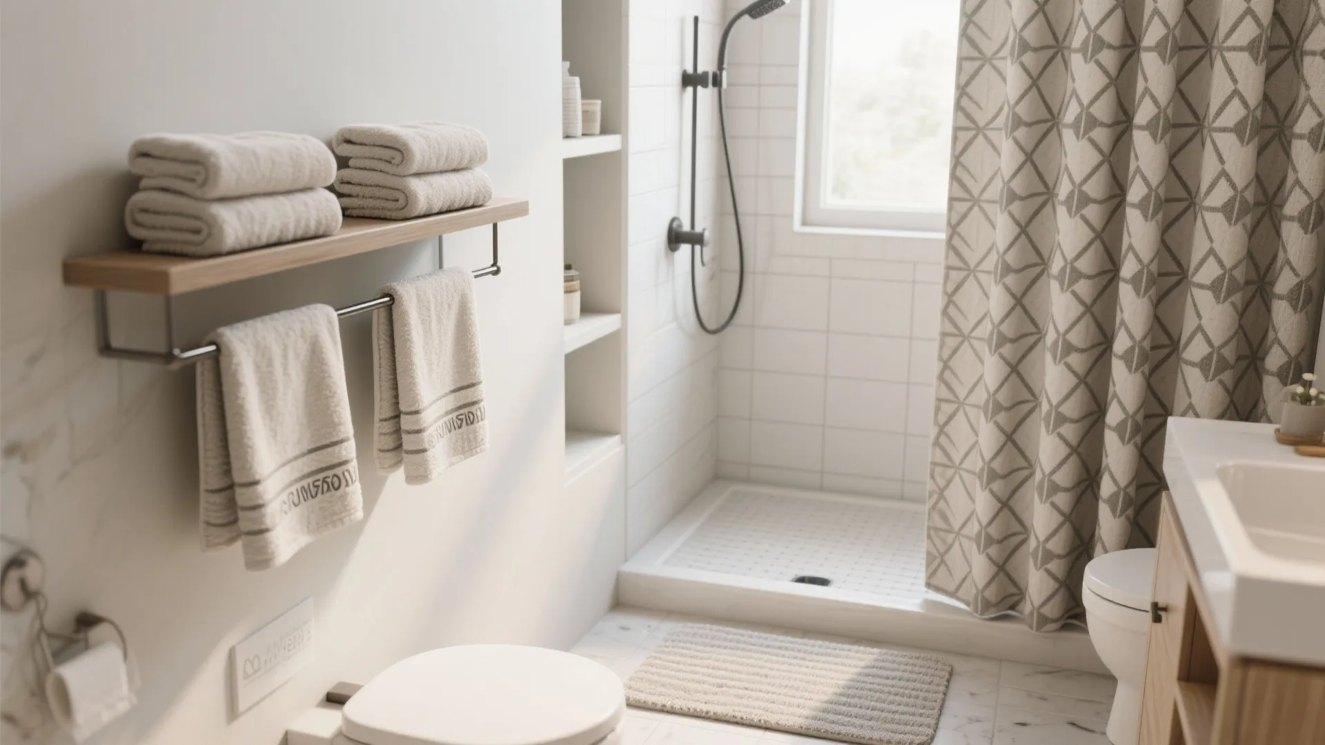 Bright bathroom interior with folded towels on shelf patterned curtain toilet and small walk in shower