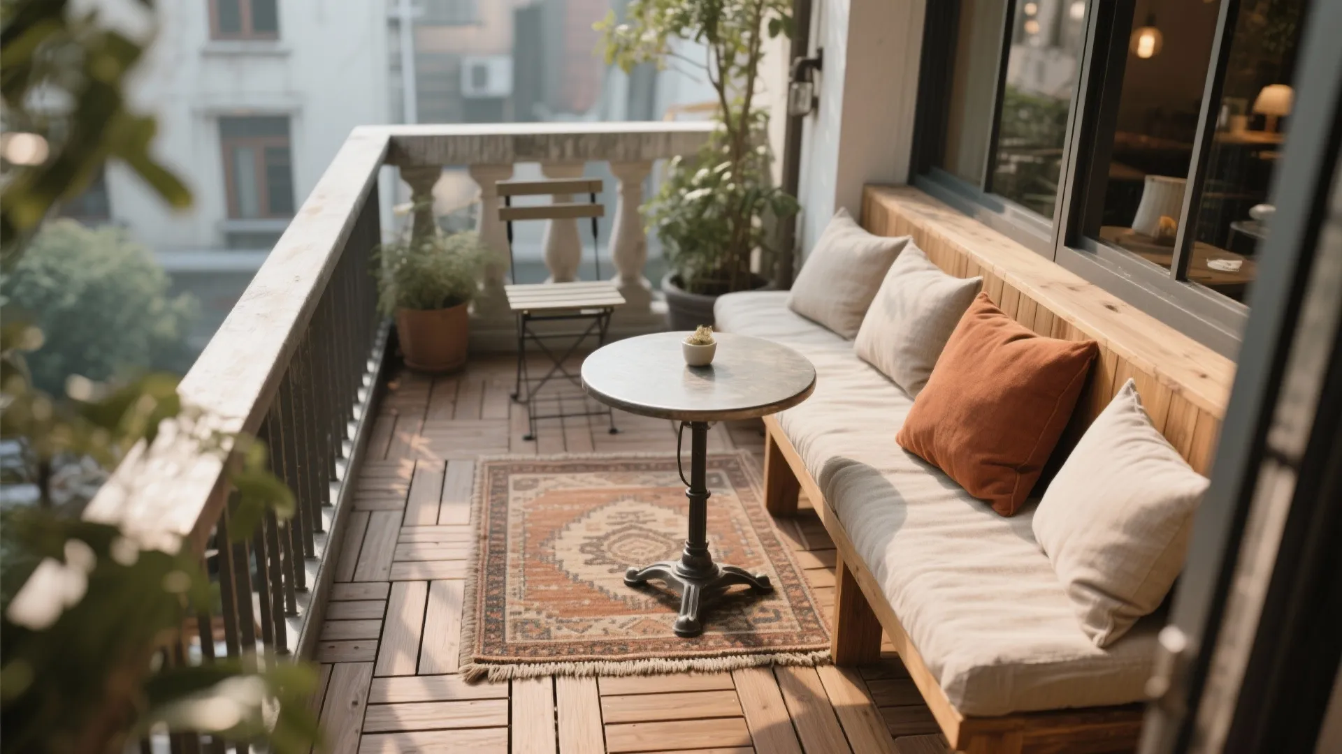 Warm balcony scene with teak tiles, outdoor rug, linen cushions, and a bistro table.