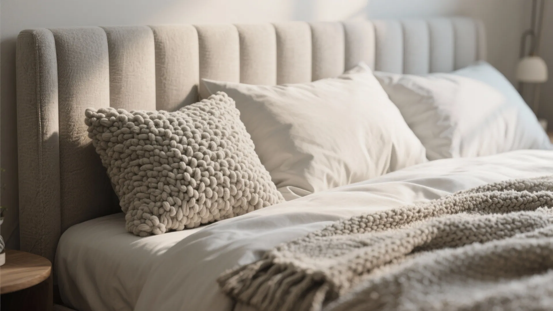 Close up of comfortable bed with beige ribbed headboard chunky knit pillow and soft blanket