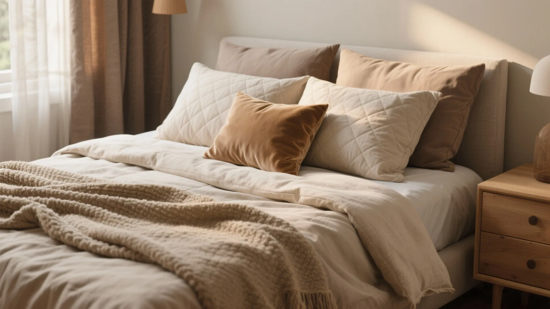 Cozy bed with neutral pillows in beige and brown colors beside a small wooden nightstand