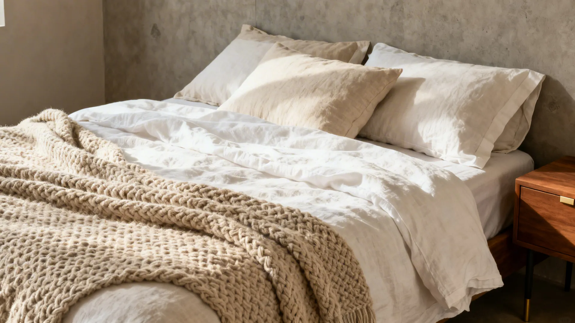 Layered linen duvet and chunky knit throw add tactile comfort in a neutral small bedroom.