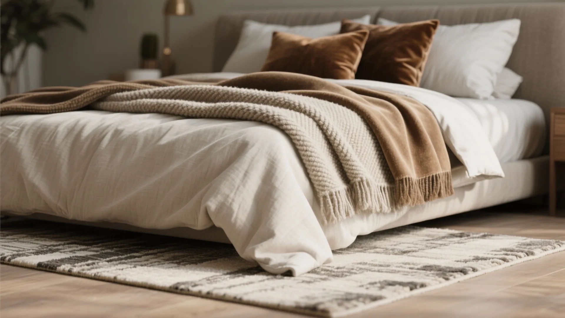 Textural contrast: rugs, throws, and pillows