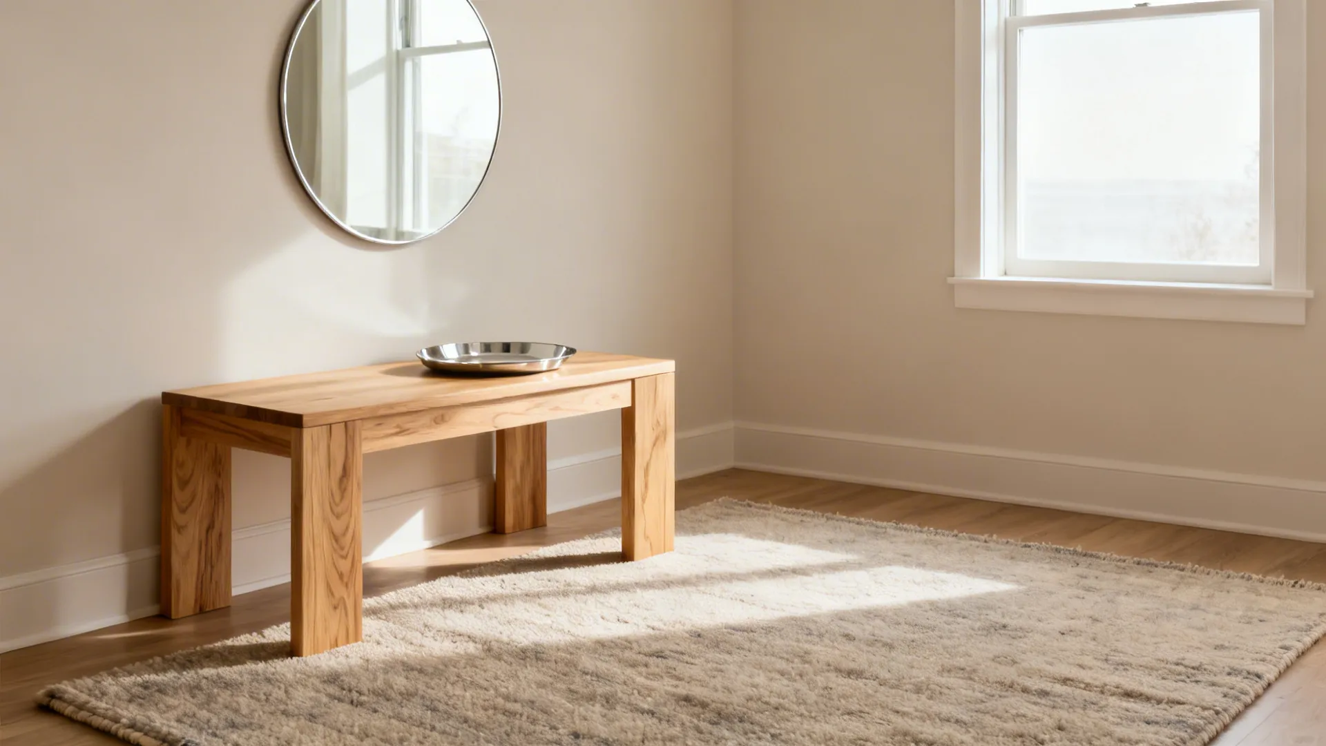 Neutral small living room with a wool rug, light oak table, and one round mirror reflecting daylight.