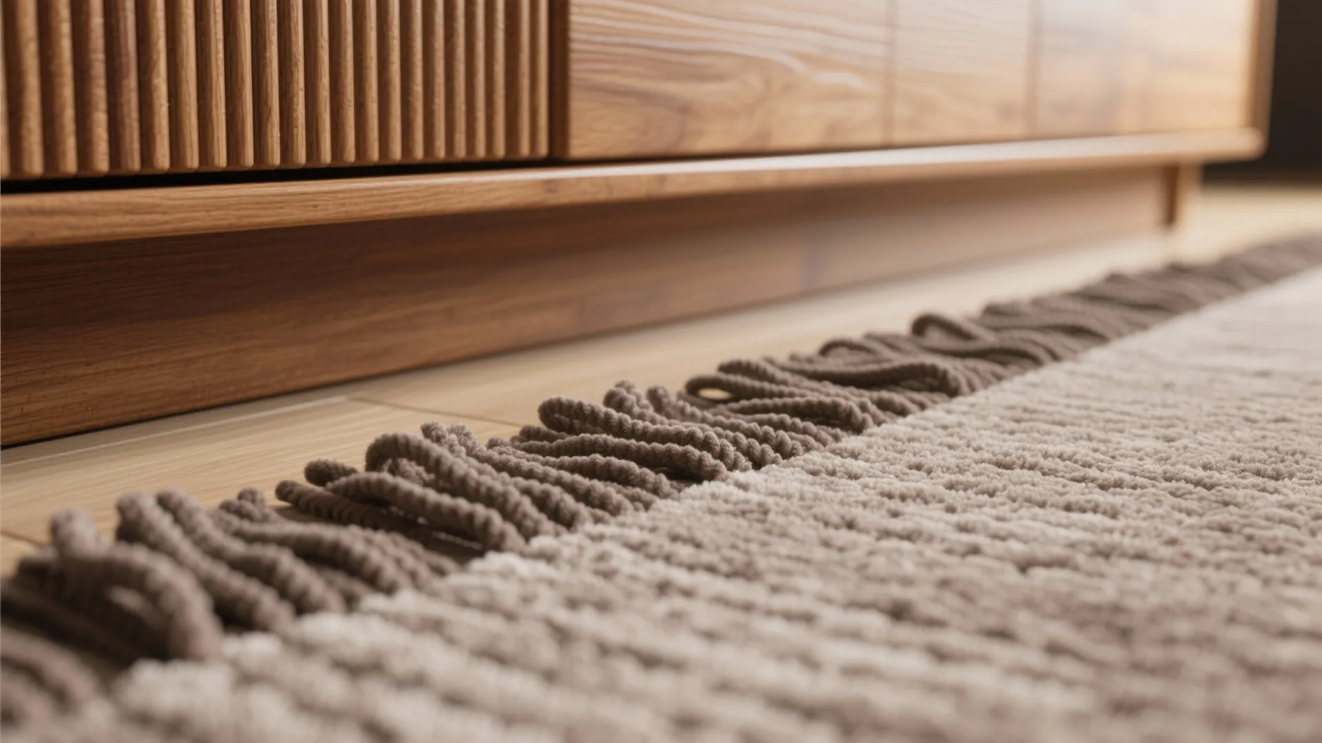 Close up of a textured rug with tassels next to a wooden cabinet with panels