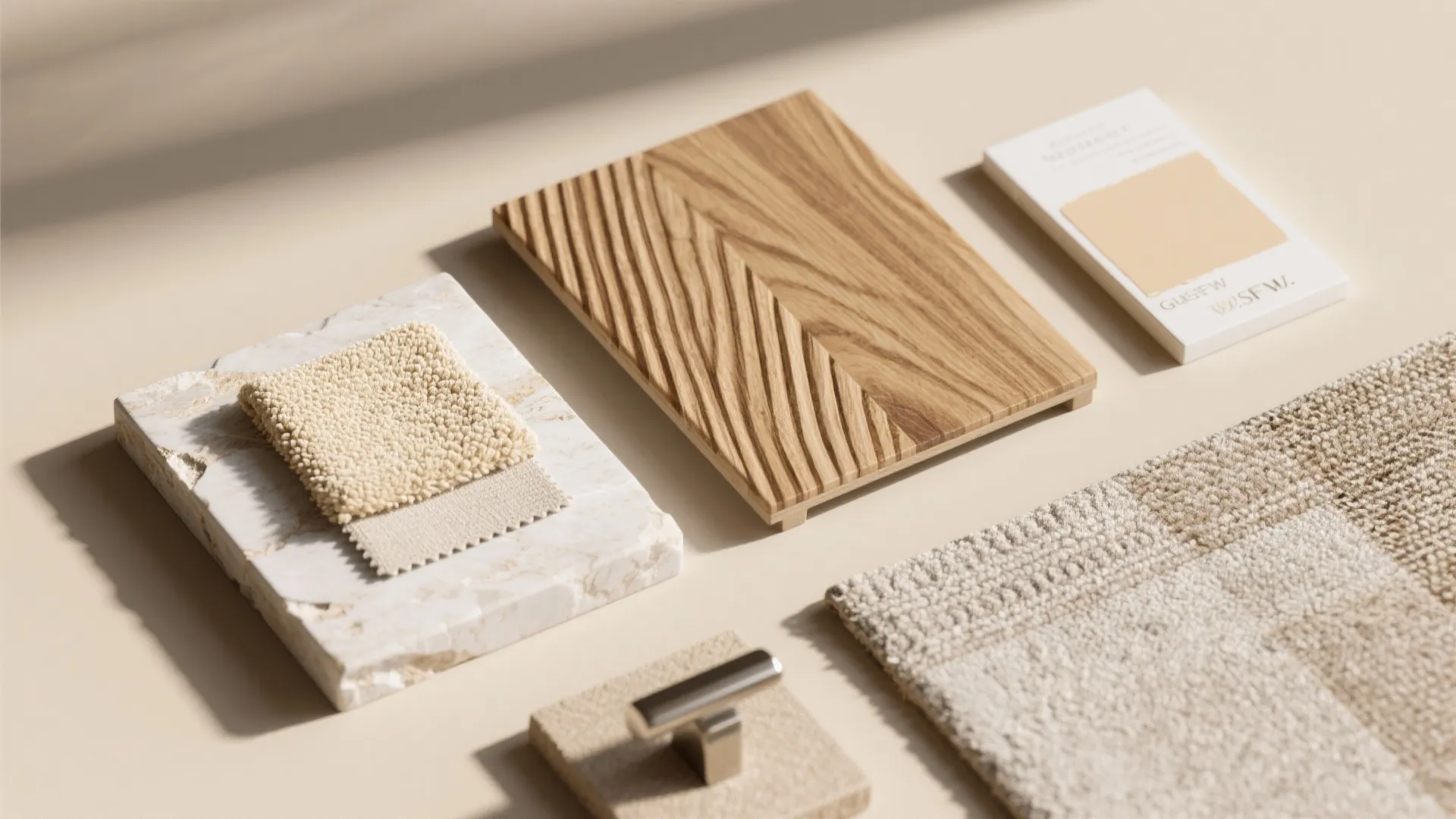 Textural palette: wood, boucle, and stone accents