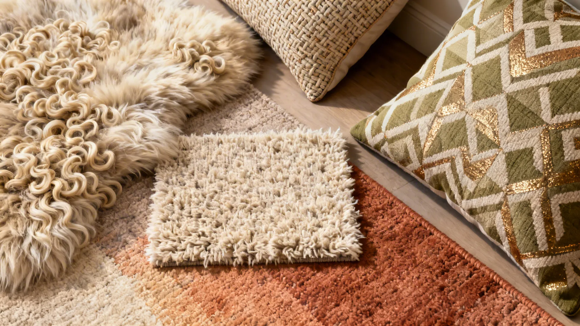 Flatlay of sheepskin, woven cushions, boucle fabric and rug swatches for dark furniture pairing