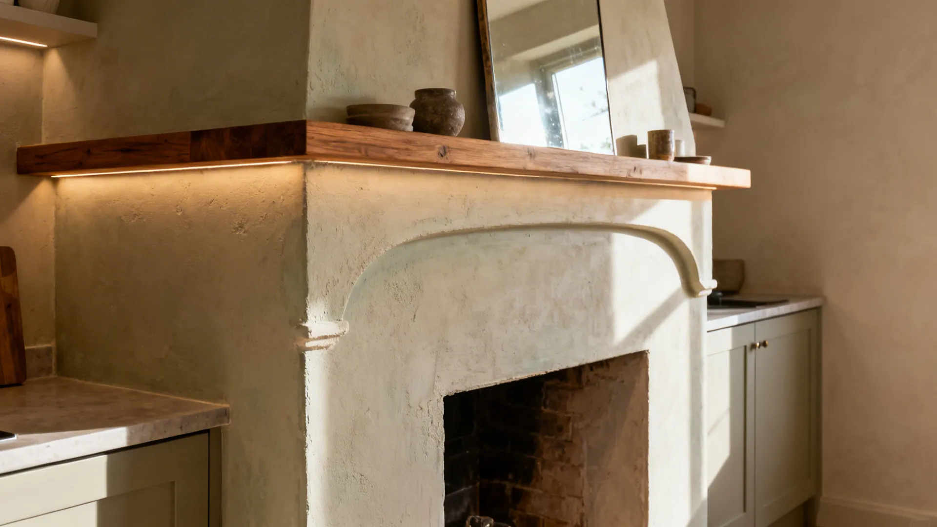 Limewashed chimney breast with a timber mantel and gentle light grazing the texture.