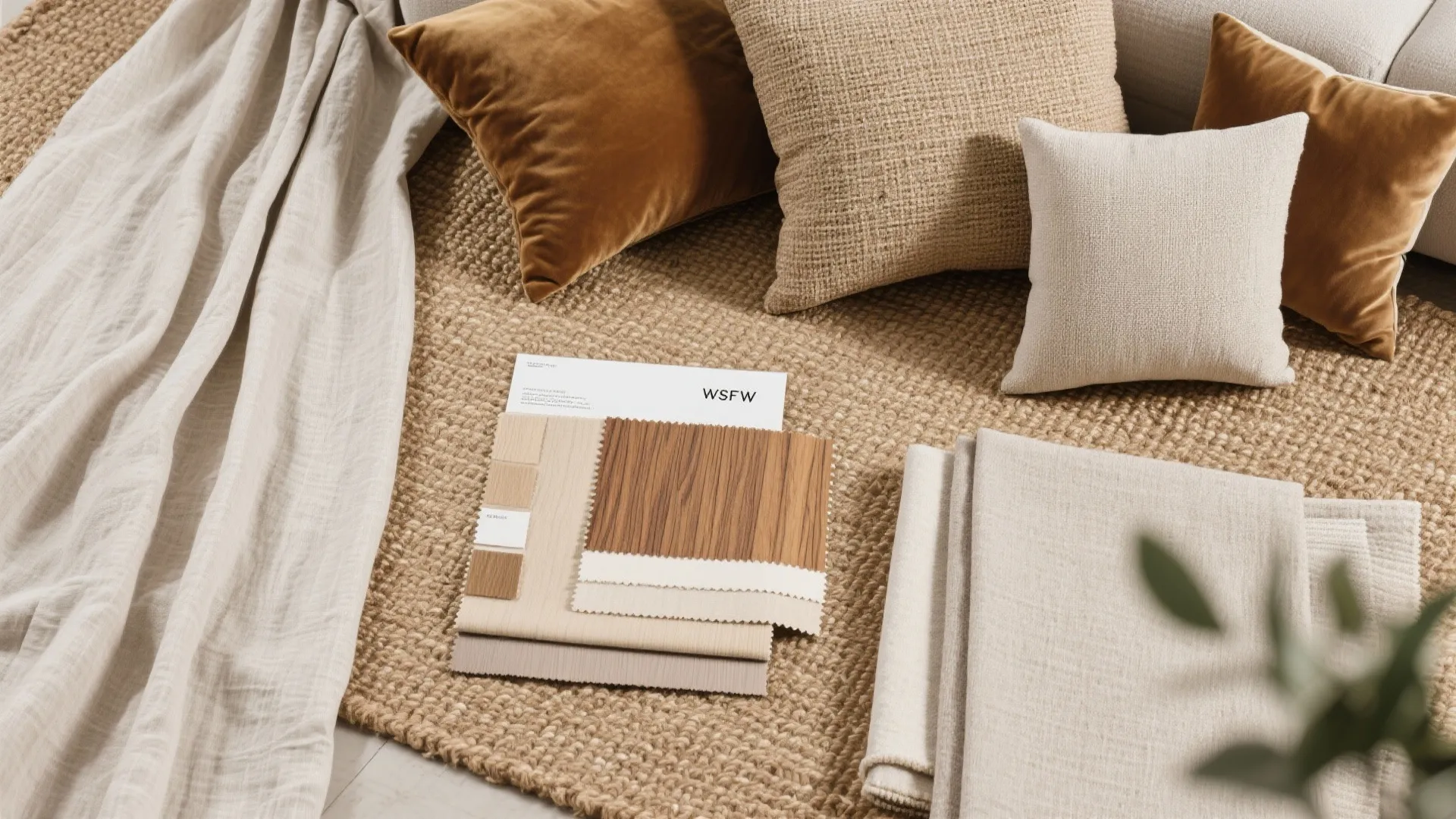 Flatlay of living room fabric and texture samples