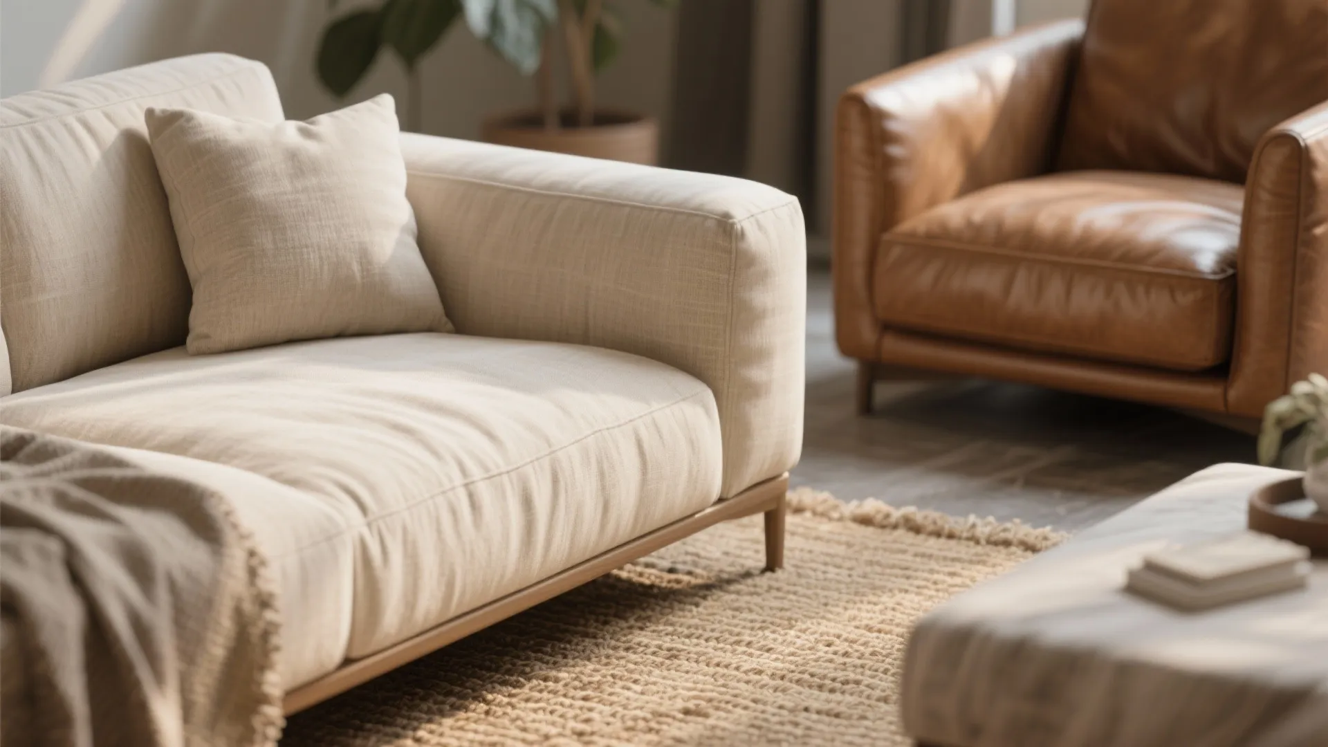 Close up of a cream fabric sofa with brown leather chair on a woven rug