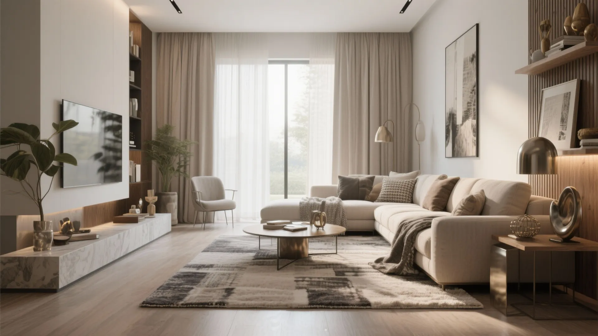 Cozy living room with large sofa and round wood table and long light color curtains