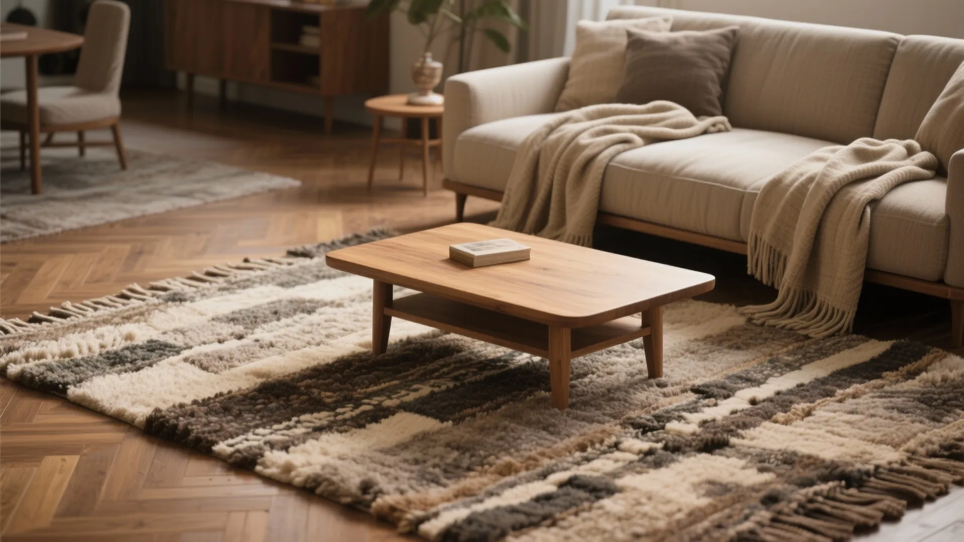 Wooden coffee table on textured rug next to comfortable beige sofa with warm fabric blankets