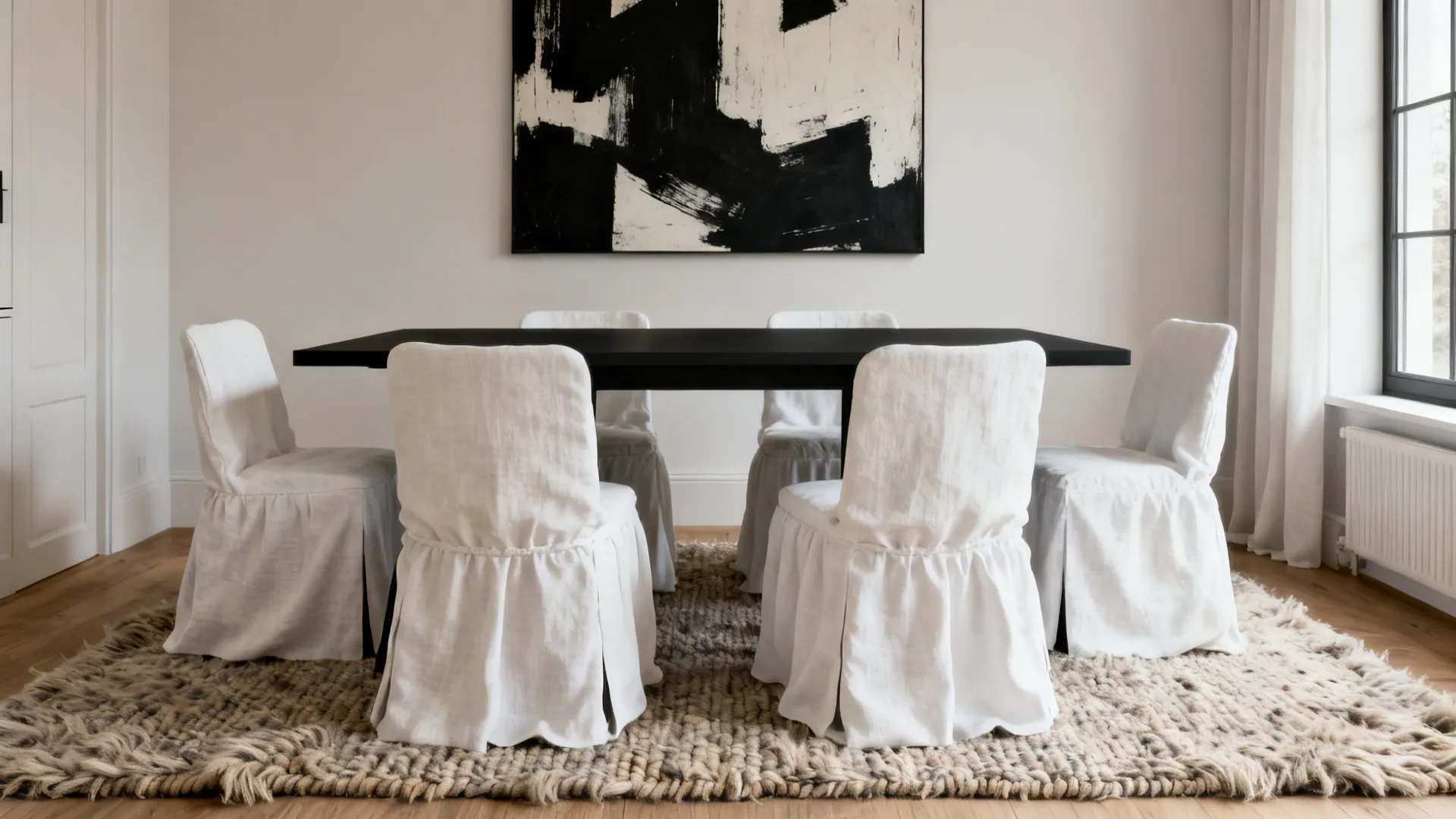 Black table and white chairs with linen slipcovers on a wool rug and abstract art.