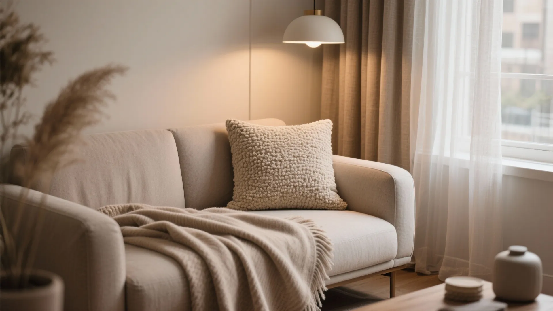 Micro living room with cashmere throw, bouclé cushion, and linen curtains layered for luxury.