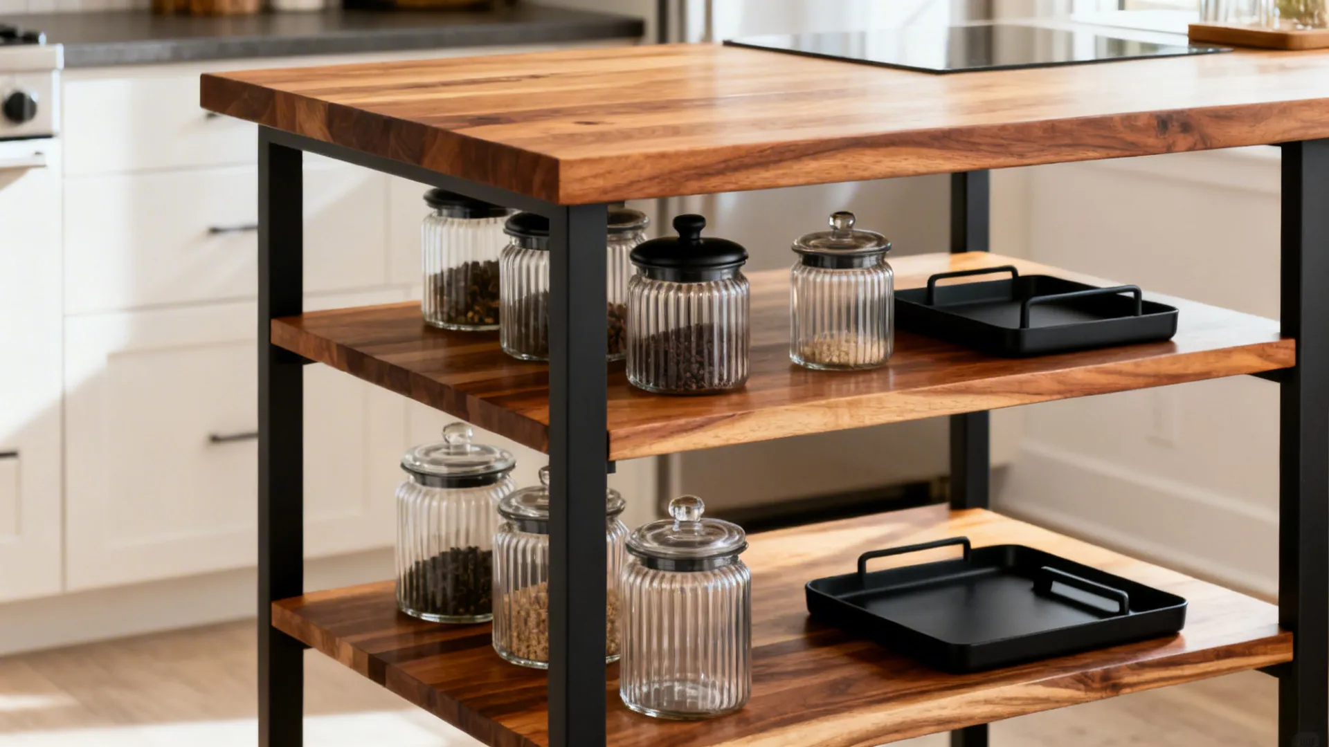 Textural layers: wood, glass, and matte metals