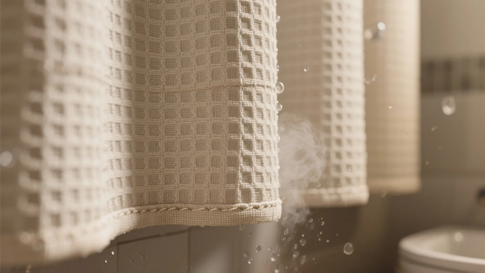 Macro close-up of a waffle-weave linen-look shower curtain showing texture and weave for a spa-like feel.