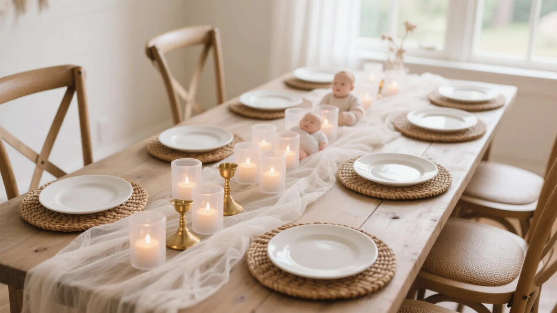 Long wooden dining table set with white runner glass candles woven mats and classic wooden chairs