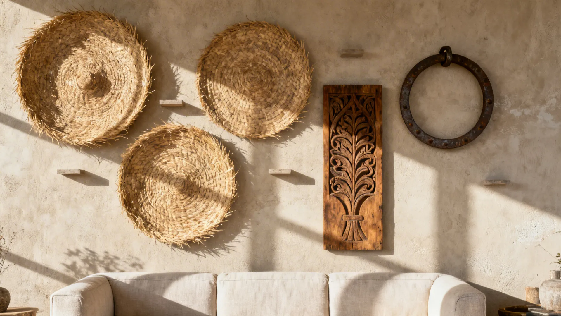 Asymmetrical rustic wall with woven trays, a carved wood panel, and an iron ring casting layered shadows.