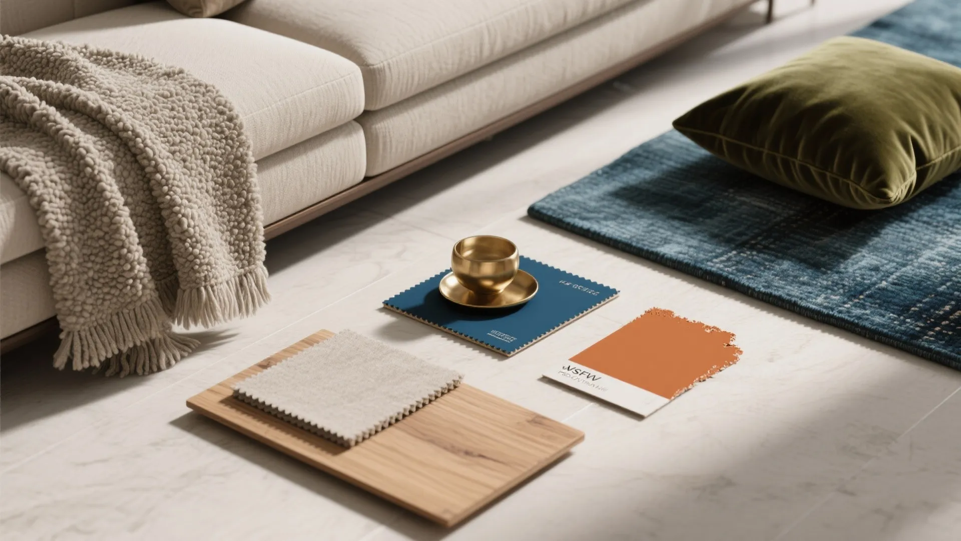 Flat lay of bouclé, linen, brushed oak, brass, indigo rug, olive velvet, and terracotta swatches for a balanced palette.