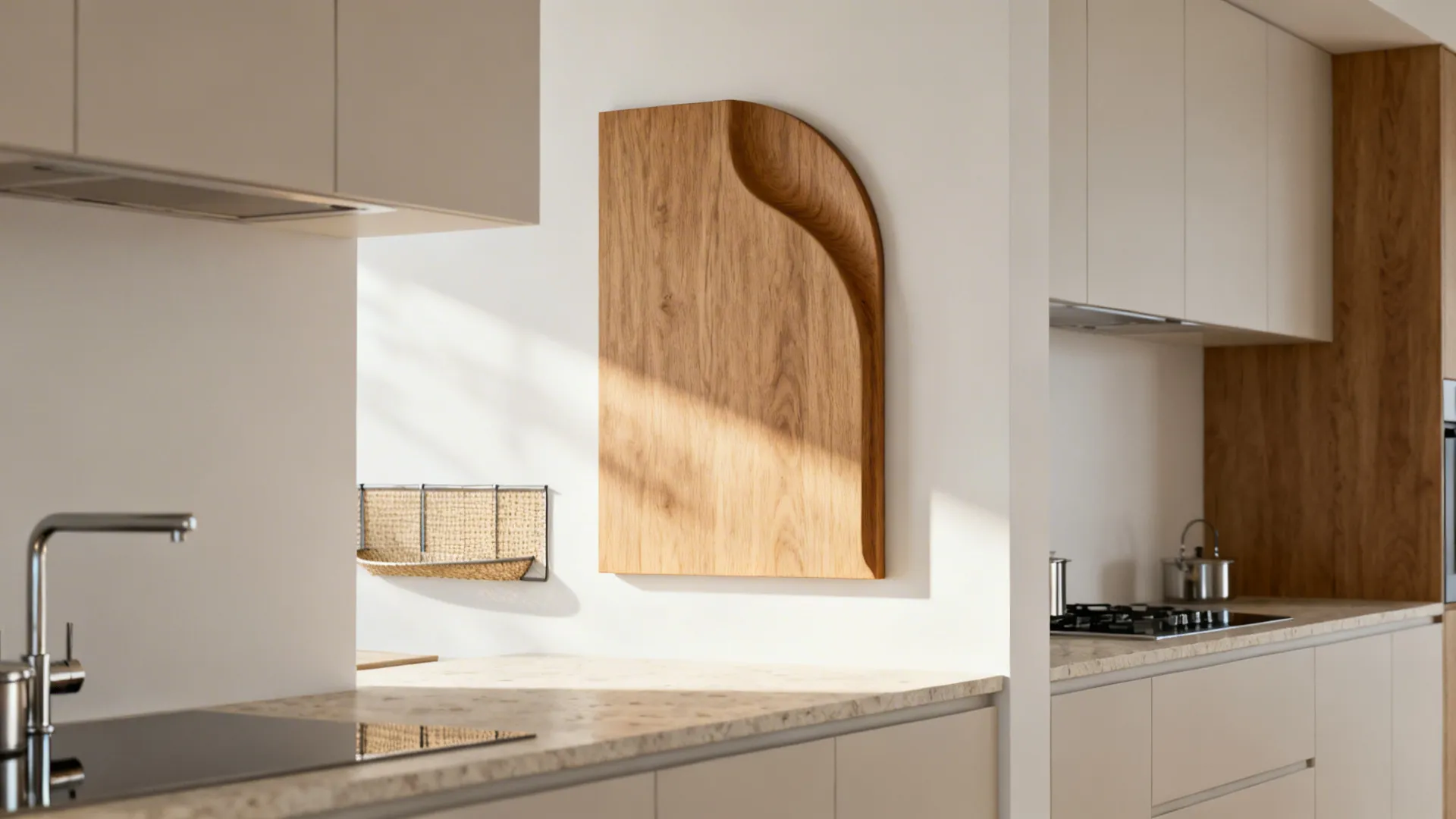 Low-relief oak panel on a white kitchen wall with warm daylight and gentle shadows.