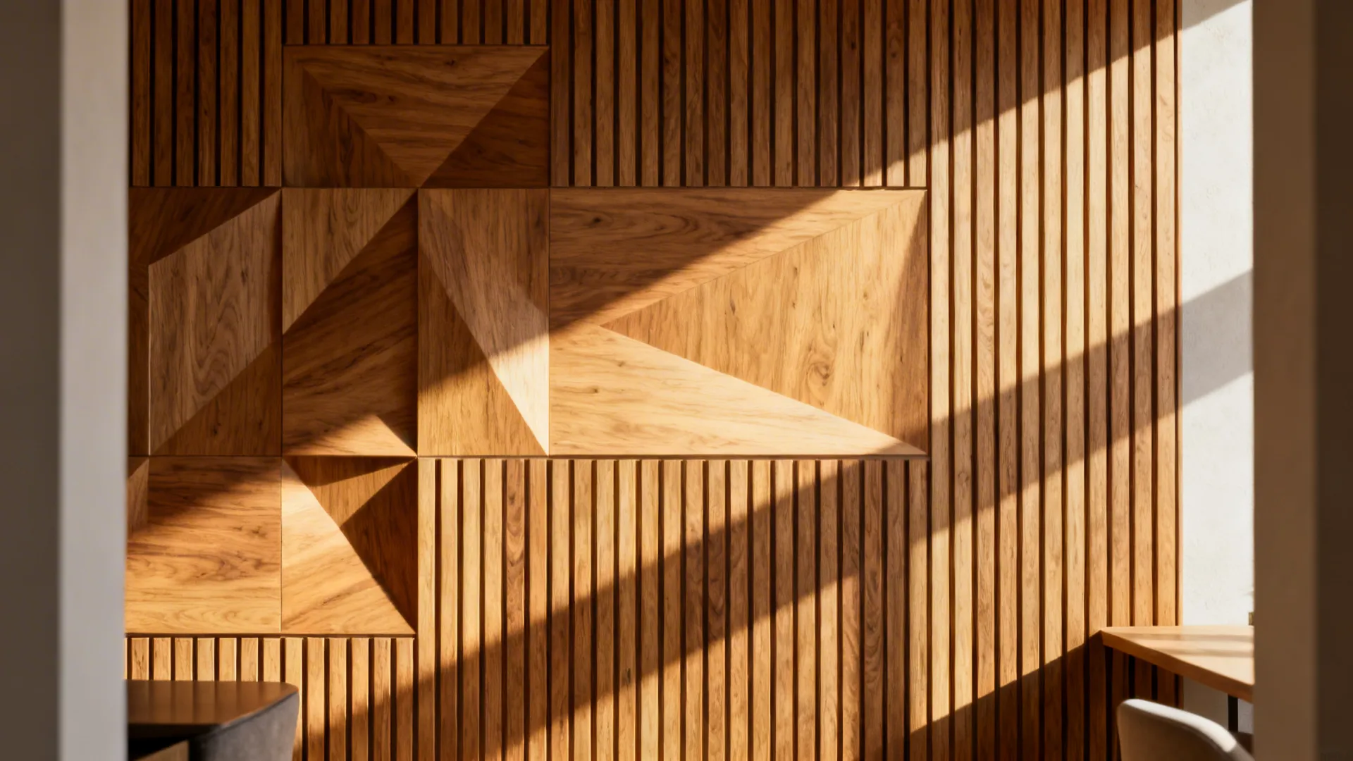 Close-up of wood slat accent wall and 3D geometric panels showing grain and shadow depth.
