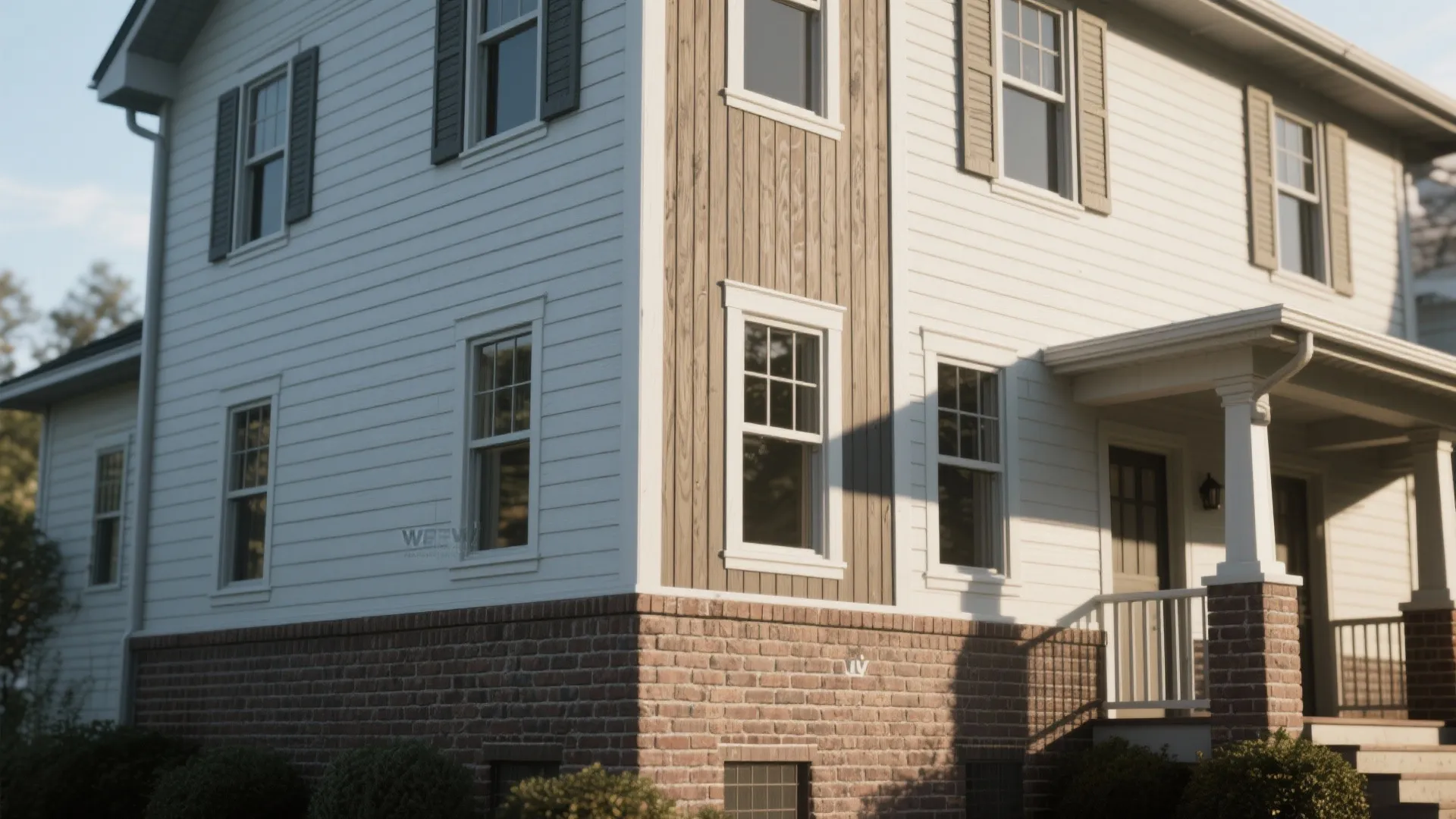 Two-story house exterior showing white siding and wood wall panels with brick base and multiple windows