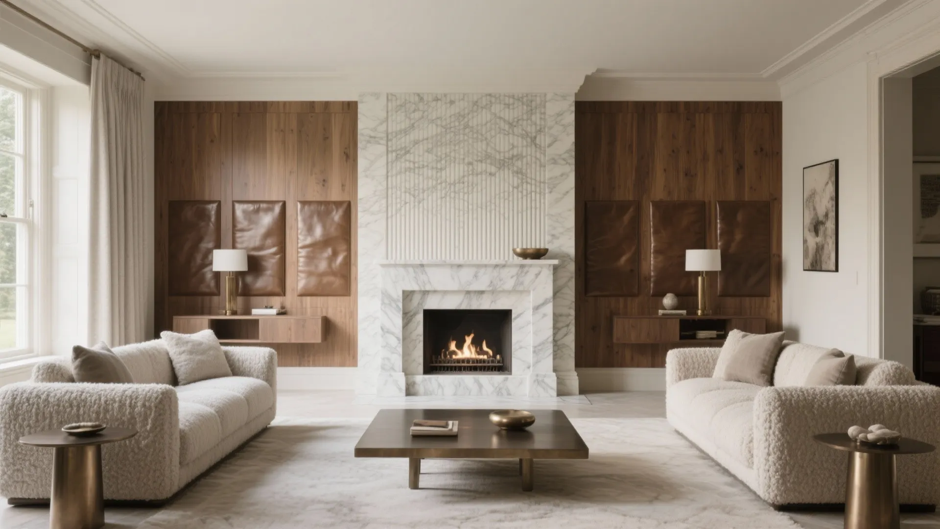 Modern living room featuring marble fireplace with white sofas wood wall panels and coffee table