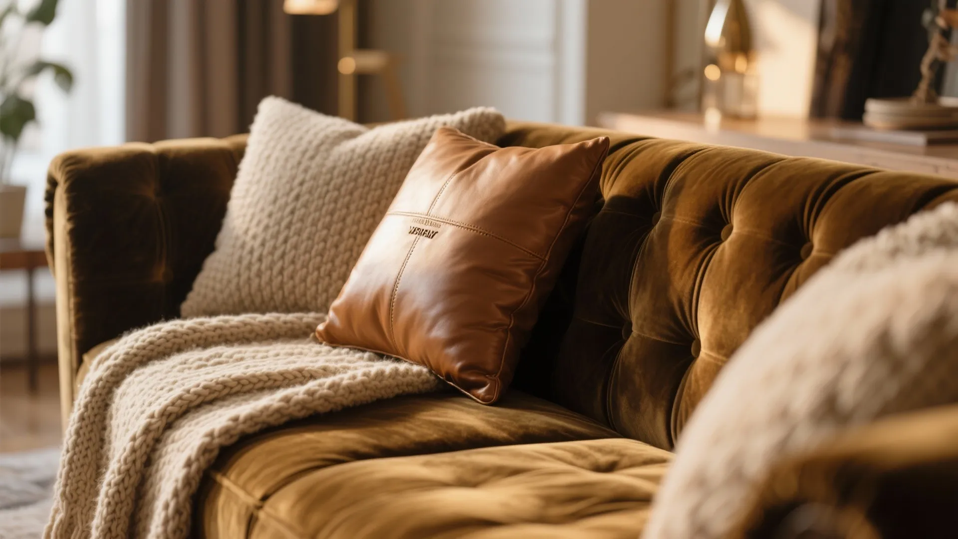 Brown velvet sofa with a leather cushion and a knitted blanket in a cozy living room
