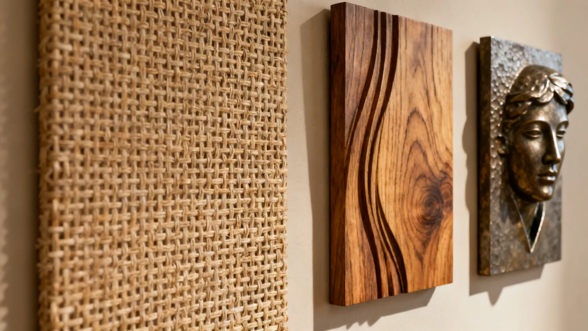 Close-up of woven panel and wooden relief wall sculptures showing texture and depth.