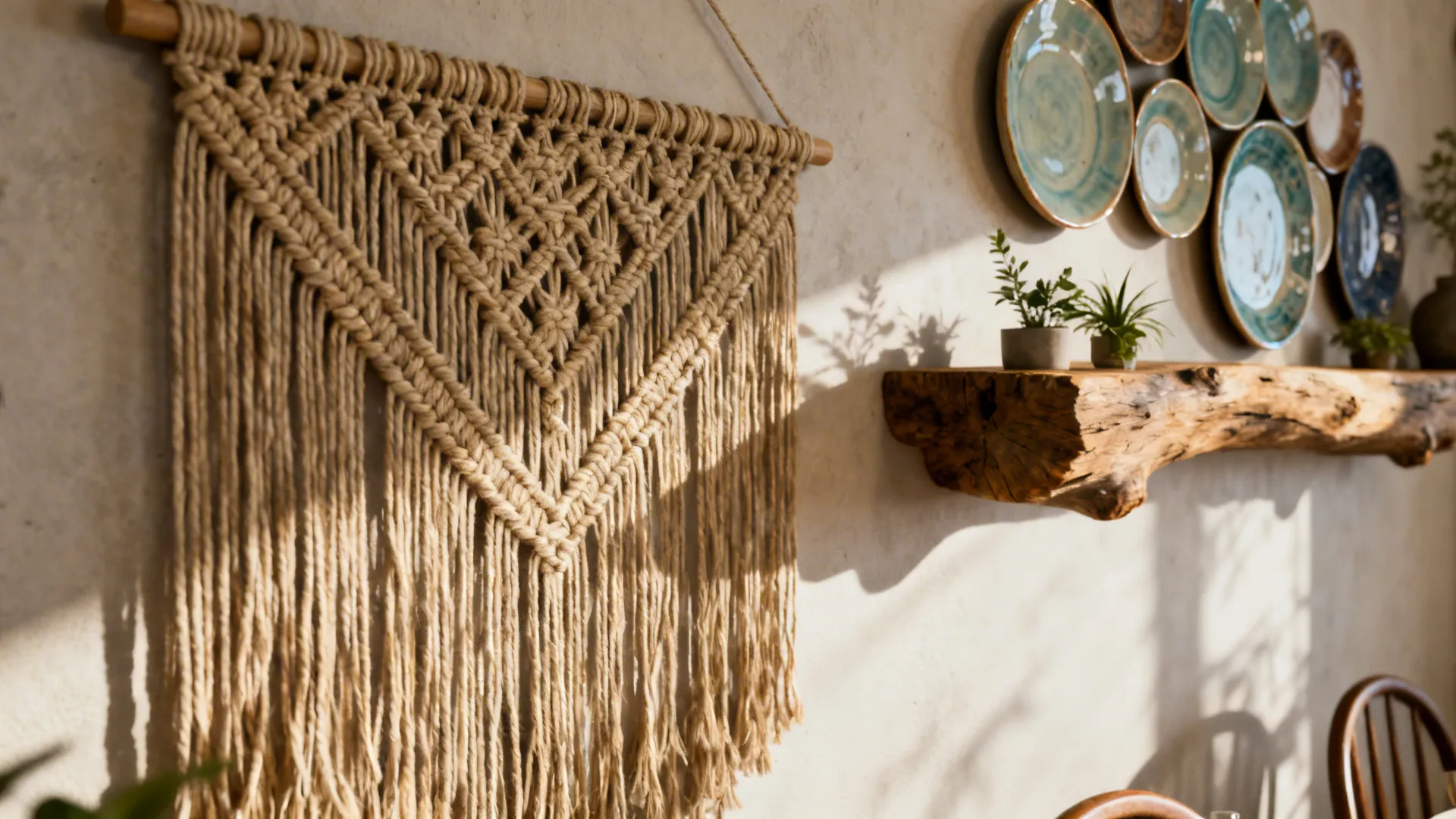 Close-up of woven wall hanging and ceramic plates adding texture to a dining wall.