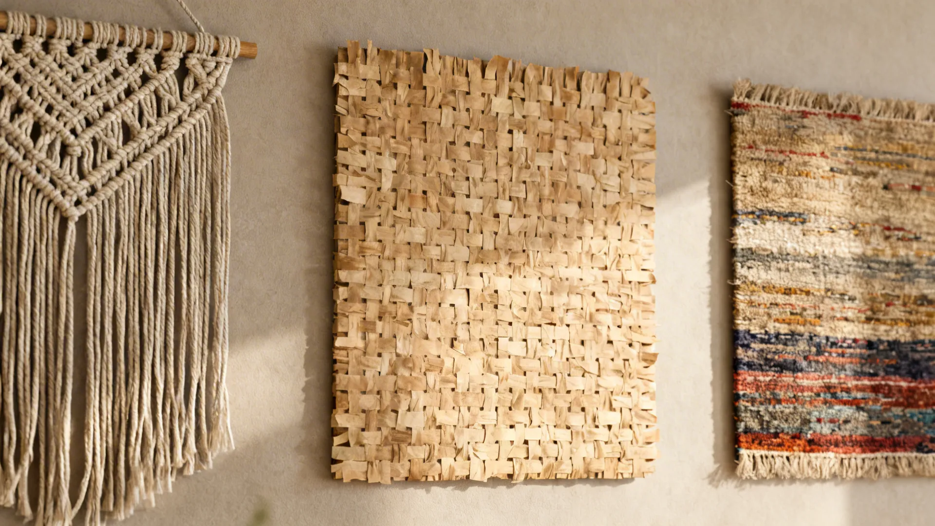 Three textural woven wall panels showing fiber detail and warm tones