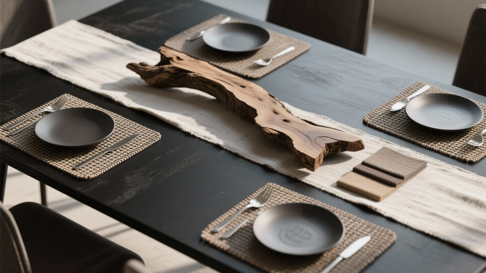 Dark wooden dining table featuring white fabric runner, black plates on woven placemats with silverware