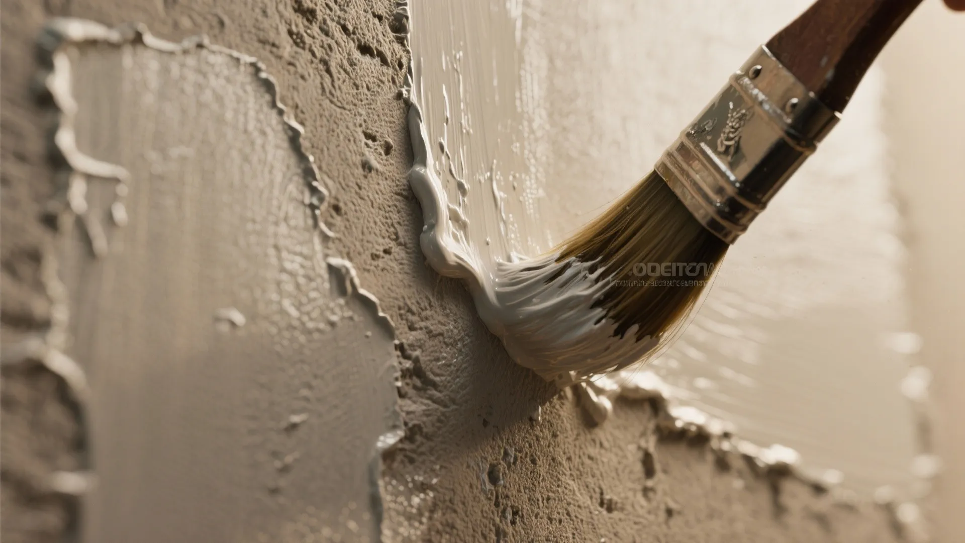 Close up of a paint brush applying white paint onto a rough textured wall surface